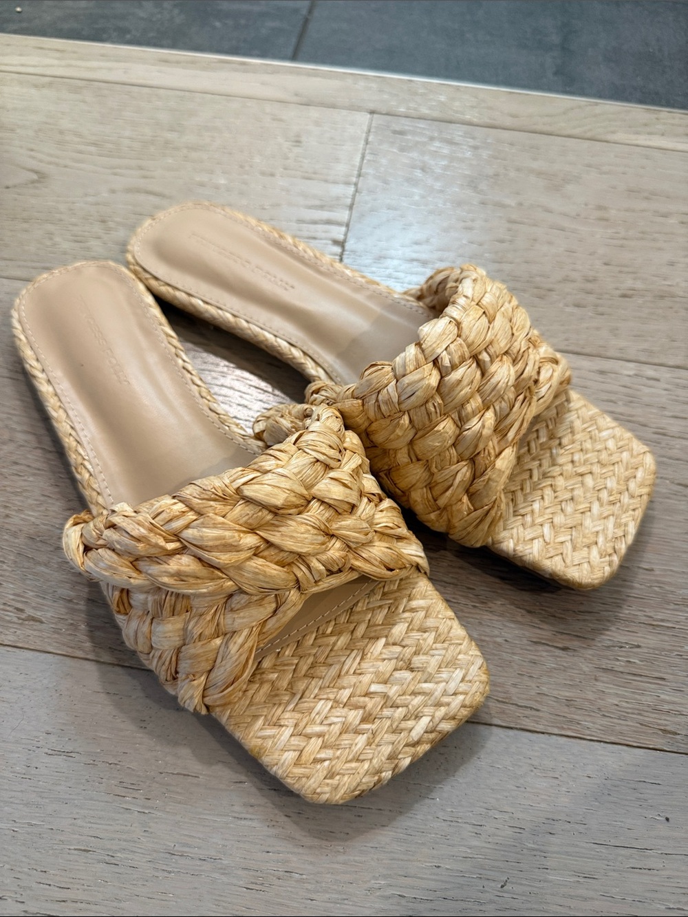 Princess Polly Braided Straw Slide Sandals in Natural